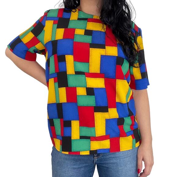 Kathy Che 80s Vintage Multicolor Abstract Short Sleeve Retro Blouse Size Medium - Picture 1 of 7